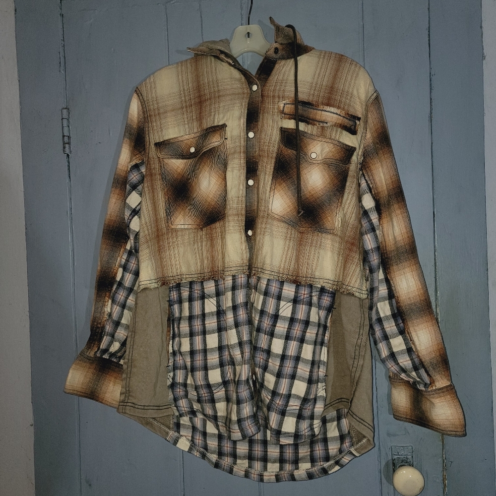 We The Free People BLUE RIDGE Mixed Plaid + Media Hoodie Hooded Jacket Shacket - Picture 6 of 16